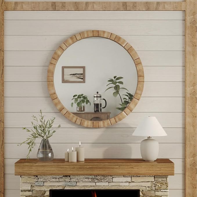 Wood Round Wall Mirror - 31.5" Farmhouse Rustic Wall Decorative Mirrors, Wooden Circle Boho Accent Mirror for Living Room, Bedroom, Bathroom, Hallway, Fireplace, (Natural)