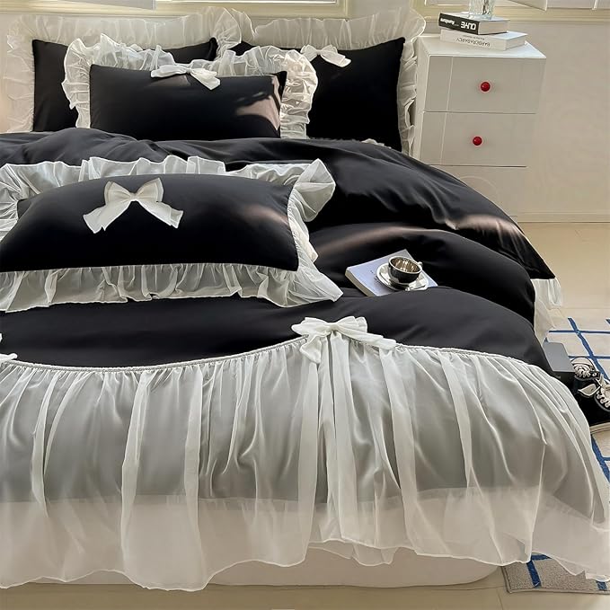 Girls Lace Bedding,Queen Comforter Cover Set, Chic Ruffled Duvet Cover with Lovely Bow,Princess Style 1 Duvet Cover with 1 Pillowcases, No Comforter-Black,Twin Size