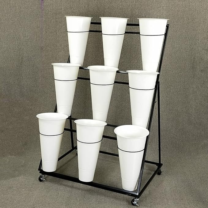 Decorative Flower Display Stand with Buckets for Cut Flowers, Heavy Duty Rolling Plant Stand on Wheels, Indoor Outdoor Flower Cart Ladder Shelf for Florist, Garden, Patio (3 Tier 9 White Bucket)