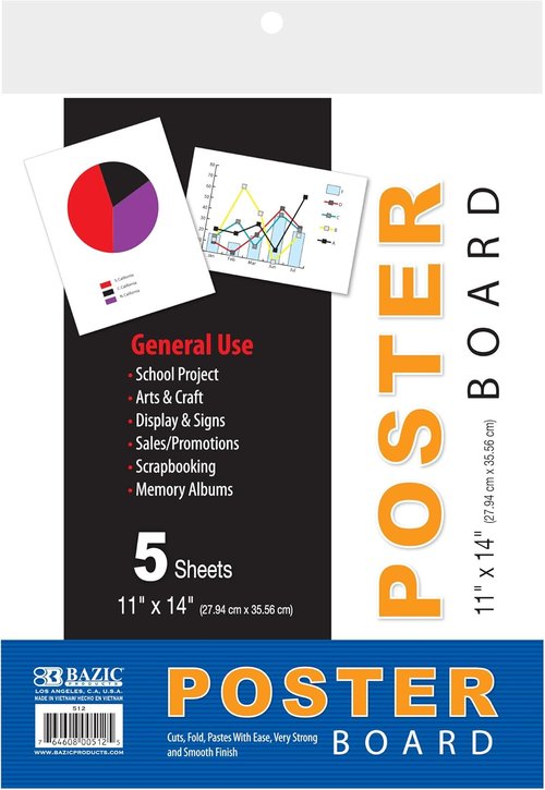 BAZIC Products White Poster Board - Thick, Durable Paper for Crafts & School Projects | 11" X 14", 5-Pack