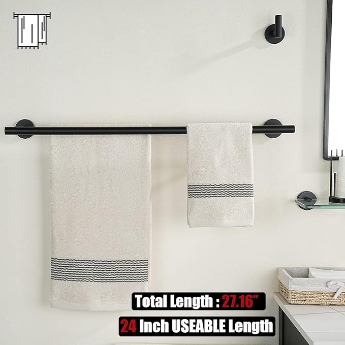 JQK Double Towel Bar 27 Inch, Matte Black Useable Length 24 Inch 304 Stainless Steel Thicken 0.8mm Bath Towel Rack for Bathroom, Towel Holder Wall Mount 2 Pack, TB100L24-PB-P2