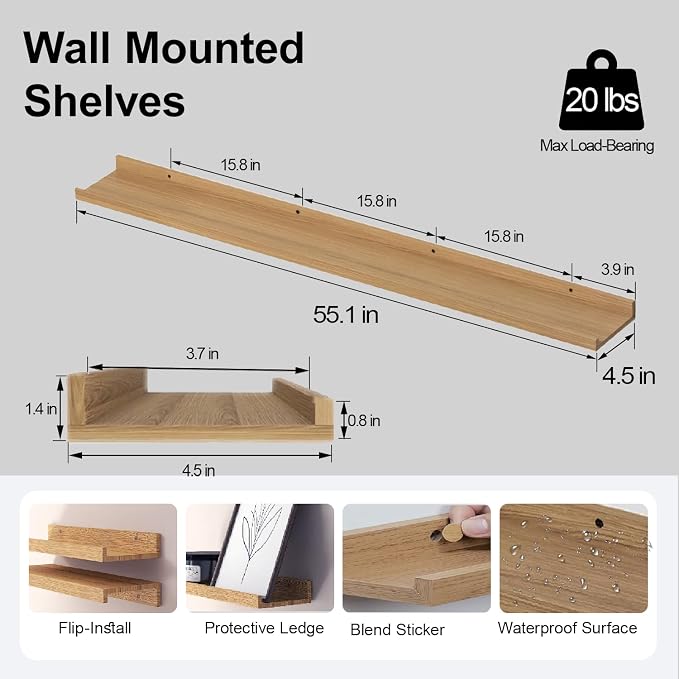 Long Floating Shelves for Wall Decor, Long Wall Mounted Storage Shelf for Bedroom, Living Room, Bathroom, Kitchen, Nursery, Display Picture Ledge Shelf with Lip Set of 2-56 Inches, Oak