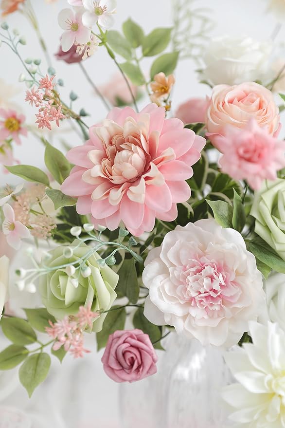Pink Artificial Flowers Combo Box Set Fake Flowers Bulk Flower Leaf with Stems for DIY Wedding Bouquets Centerpieces Baby Shower Party Home Decorations