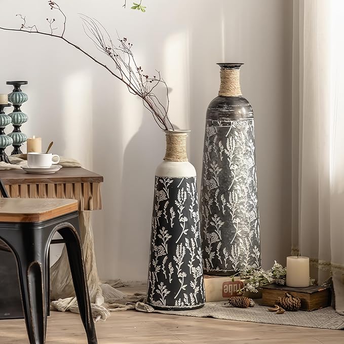 Decorative Rustic Iron Vase,23 inches 28 inches 30 inches Tall Large Metal Floor Vase,Farmhouse Vintage Floweral Vase for Living Room Home Decoration (Blue 3)