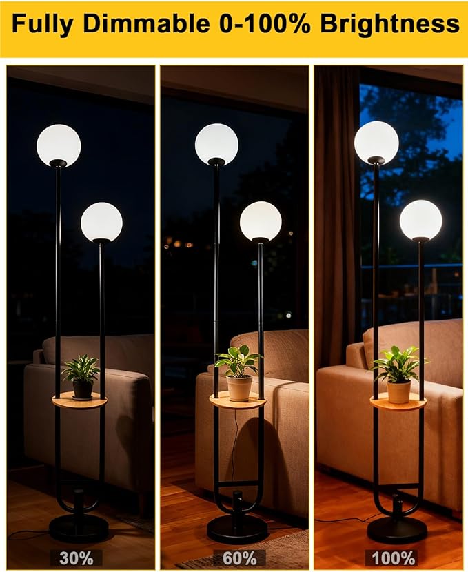 63IN 2-Globe Floor Lamp Dimmable Tall Standing Lamps with Table 3000K Warm White Unique Vintage Modern Mid Century Floor Lamp with 5Lbs Heavy Base for Living Room-Black