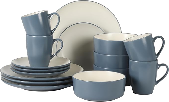 Gibson Elite Oxford Blue Plates and Bowls Sets, 16 Piece Stoneware Dinnerware Sets for 4, Two Tone Dishware Sets, Dinner Plates Dessert Plates Bowls Mugs