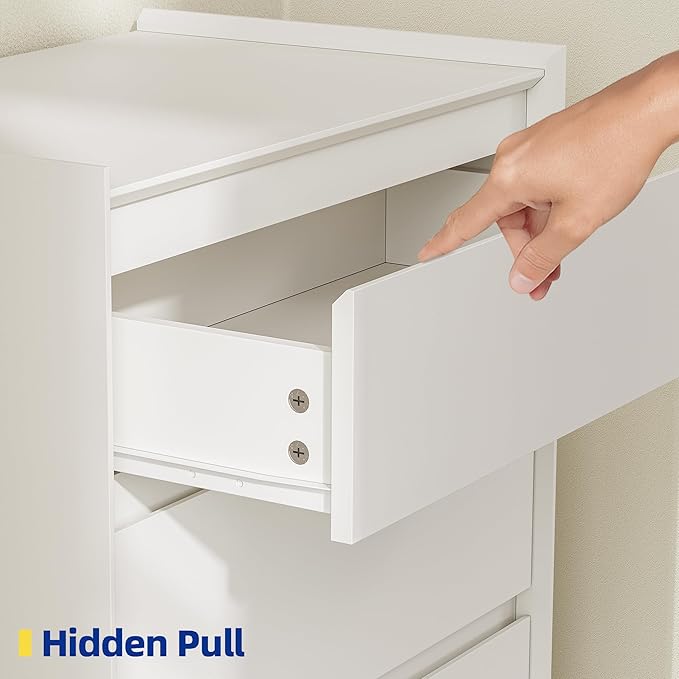 White Dresser for Bedroom, 46" Tall Chest of Drawers, Simply Modern 5 Drawer Storage Organizer for Closet, Hallway, or Small Apartment