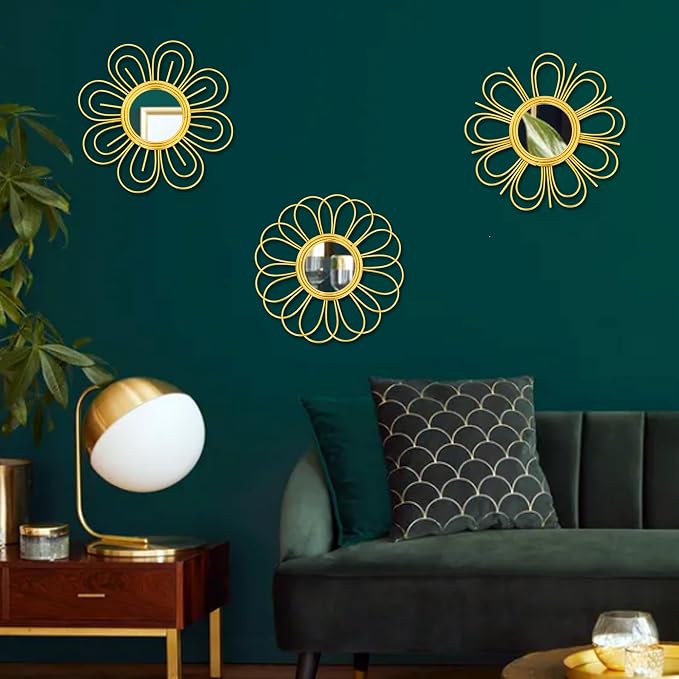 Gold Mirrors 3 Piece, 9 inch Flower-Shaped Mirror Hanging Wall Decor, Valentine Decorative Mirror Wall Art, Round Mirrors for Bedroom,Living Room,Bathroom, House Warming Valentine Gifts