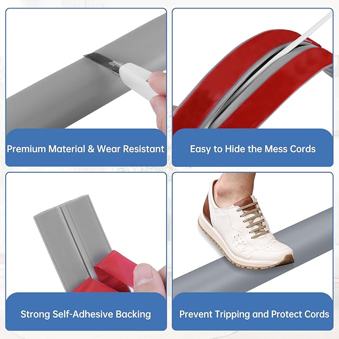 Floor Cord Cover Self Adhesive Cord Hider Floor Extension Cord Covers for Floor Power Cord Protector Cable Management Prevent Cable Trips Cable Cavity 0.59" W x 0.31" H (Grey, 20Ft)
