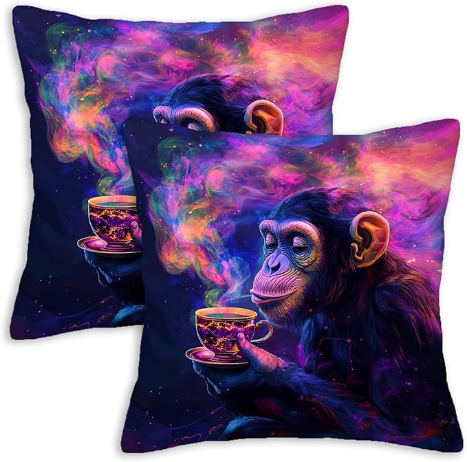 Trippy Monkey Throw Pillow Covers Set of 2 | Hippie Decorative Square Cushion Cases for Sofa, Bed and Living Room | 18x18 Inches | Fun Pillowcases for Home Decor
