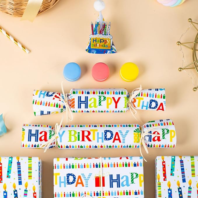 Homeral Birthday Wrapping Paper Roll - Colorful Happy Birthday Lettering & Candles, Reversible Design for Baby Shower, Party - Mini Roll - 17 Inch x 33 Feet