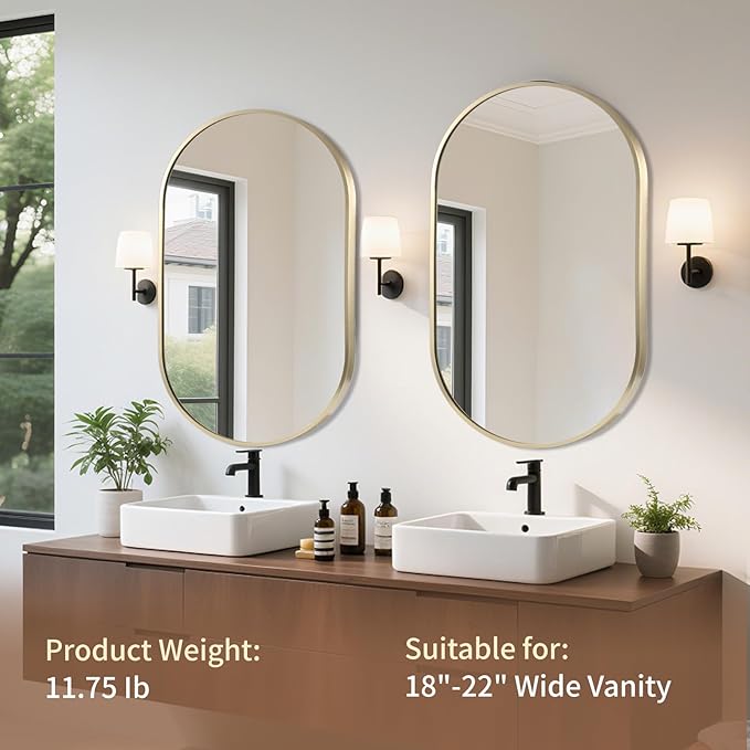 Gold Oval Mirror, 17"x30" Oval Bathroom Mirror, Vanity Mirror with Brushed Metal Frame, Wall Mount Mirrors Decor for Bathroom, Bedroom, Entryway, Living Room(Hangs Horizontally or Vertically)