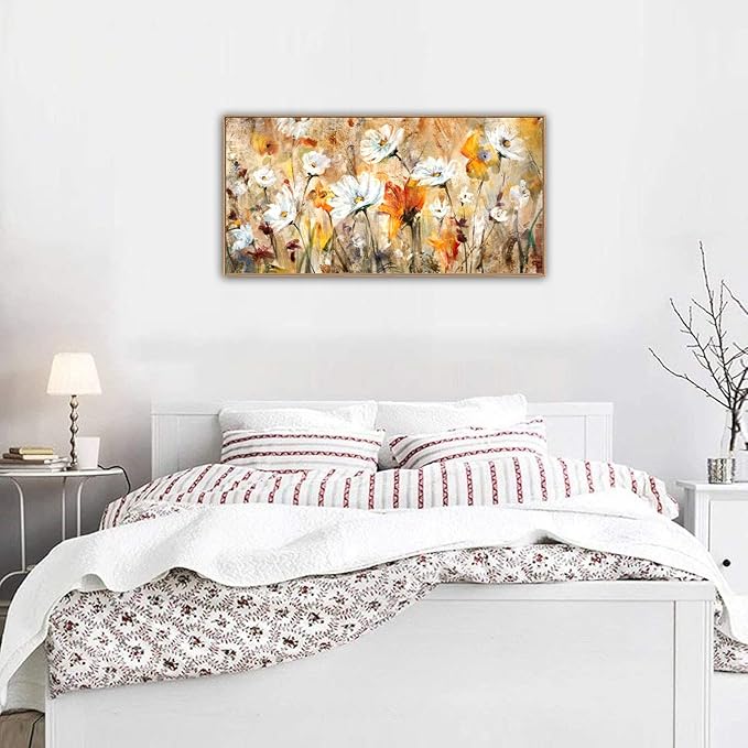 Framed Wall Art Wildflowers Canvas Wall Pictures Abstract Daisy Flowers Canvas Prints Orange Yellow Floral Landscape Painting Artwork for Living Room Bedroom Kitchen Home Office Decor 24"x 48"