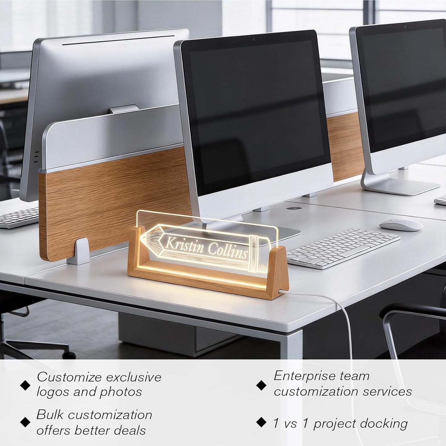 Skiennix Personalized Light Up Acrylic Desk Name Plate - Custom Walnut Base Office Gift (Pencil)