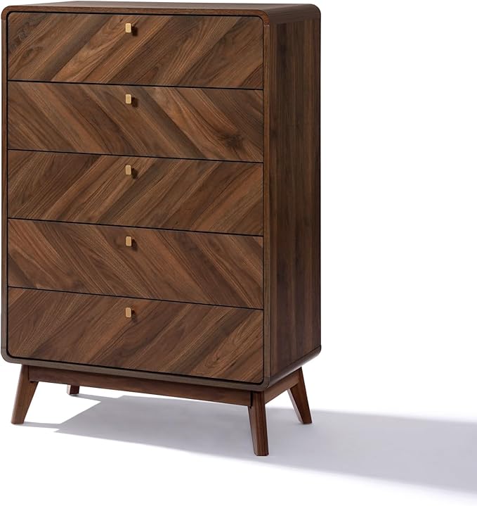 LuxenHome 5 Drawer Dresser for Bedroom, Mid Century Modern 48" Tall Wooden Bedroom Dressers, Walnut Brown MDF Wood Bedroom Dressers with Drawers, Chest of Drawers for Clothes Organizer Furniture