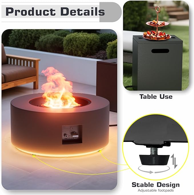2-Piece 30" LED Round Propane Fire Pit for Outside Patio with Hidden Tank Table, 50,000 BTU Fireplaces with Lid, Glass Rocks, Cover(Dark Grey w/Golden Light)