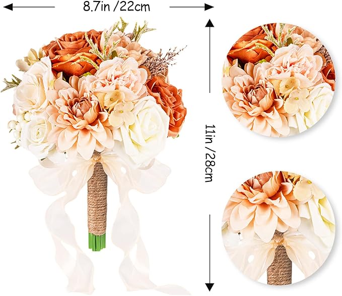 Wedding Bouquets for Bride Bridesmaid,Terracotta Burnt Orange Bouquet Artificial Fake Silk Roses Flowers Bridal Bouquet for Wedding Fall Boho Rustic Church Decoration Toss Bouquet (8.6in(M))