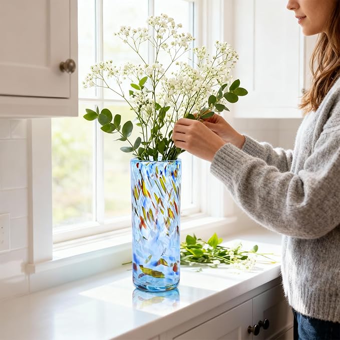 9.45" Tall Aqua Vase Hand Blown Glass Vase Green, Modern Aqua Home Centerpieces Wide Mouth Vases for Bud&Flower Decor - Ideal Living Room, Kitchen, Wedding, Dining Table, Office Center Table
