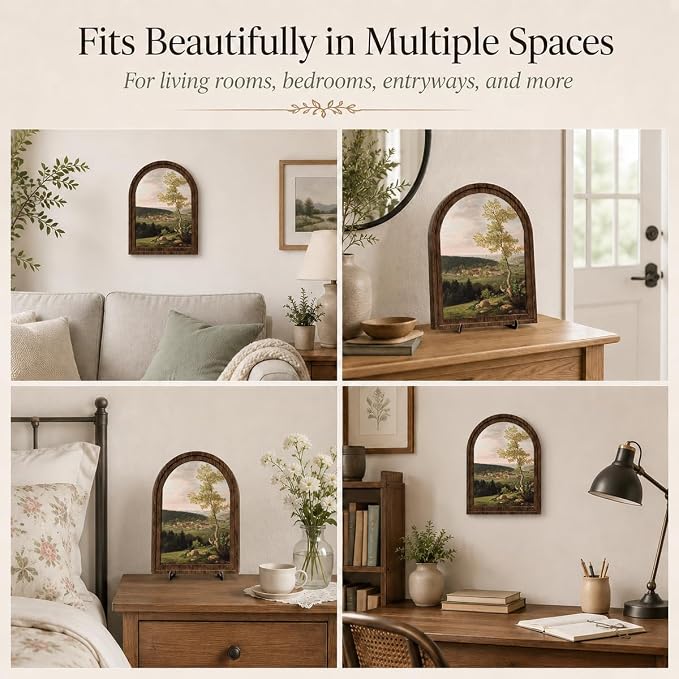 Rustic Farmhouse Tabletop Decor Sign, Arched Wooden Frame Countryside Village Landscape Artwork for Living Room Dining Room Bedroom, Charming Gift Idea