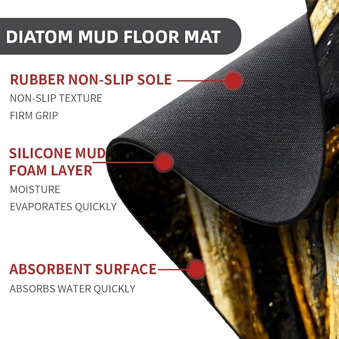 Diatomaceous Earth Bath Mat,Black Grey Gold Marble Texture Non-Slip Volume Super Absorbent Fast Drying for Bathroom Kitchen Door mat,Eco-Friendly Easy to Clean 16×24Inch (40 * 60cm)