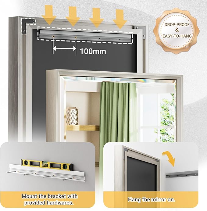 48'' x 36'' Brushed Nickel Framed Beveled Bathroom Mirror, Shatterproof Rectangle Brushed Nickel Frame Mirror, Anti-Rust Vertical/Horizontal Wall-Mounted Mirrors