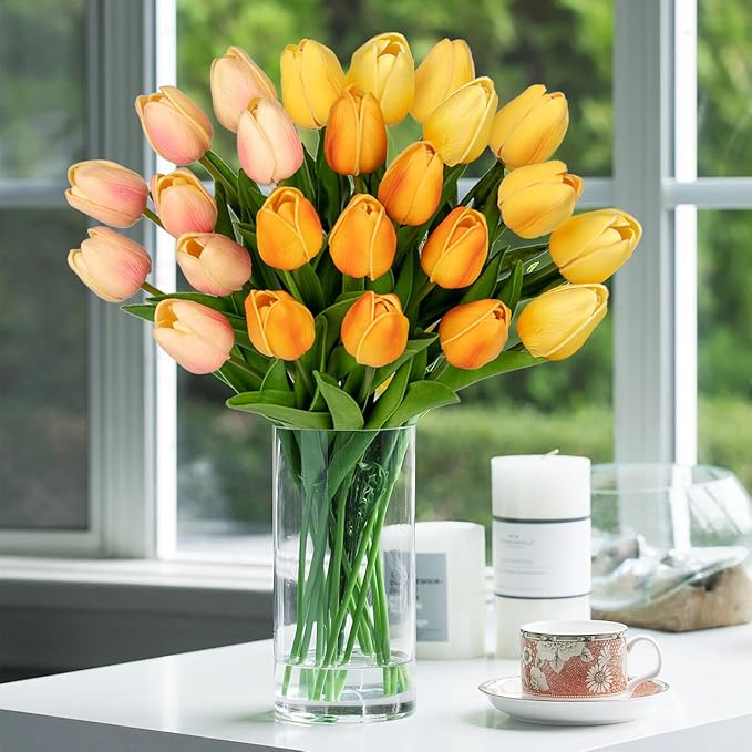 24 Pcs Artificial Tulips Flowers Mixcolor Real Touch Fake Tulips Fake Flowers for Mother's Day 13.5" Faux Tulips Faux Flowers Bulk Artificial Tulips Flowers for Vase Centerpieces Home Wedding Bouquet