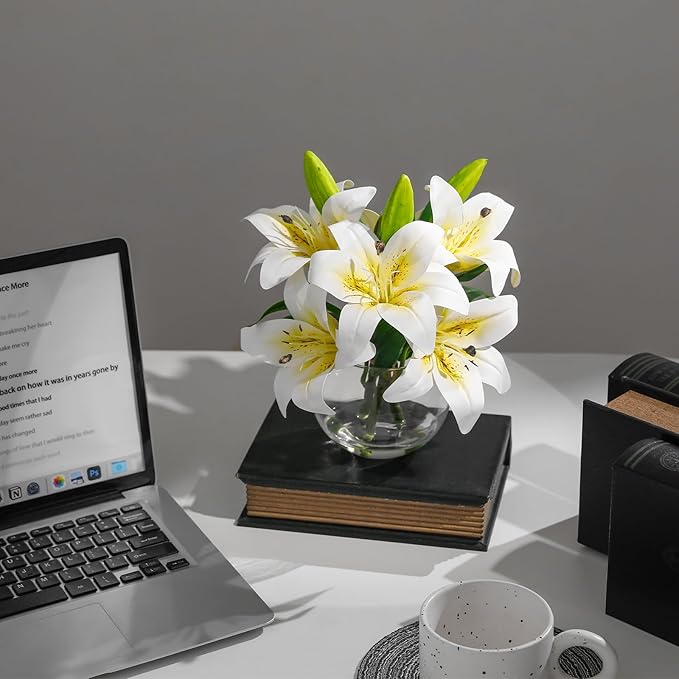 Artificial Flowers Tiger Lily Arrangement in Glass Vase Real Touch Silk Flowers White Lilies with Faux Water for Office Home Table Wedding Decor