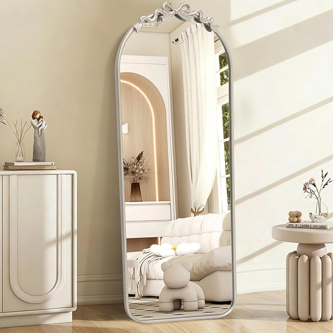 Besdomus Arched Mirror Full Length: 21"x56" Bow Champagne Silver Large Floor Standing Mirror - Antique Baroque Traditional Ornate for Entryway/Cloakroom/Bedroom - Home Decor for Fashion-Conscious