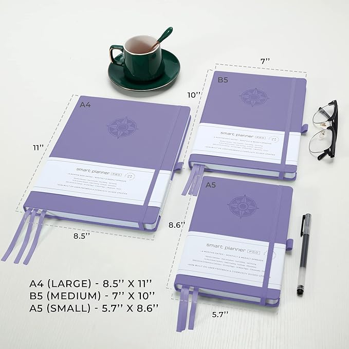 Smart Planner Pro – Undated Daily Planner – Medium B5 – Achieve Goals & Increase Productivity with Weekly, Monthly, Work Sections - Organizer Planner with Back Pocket, 3 Satin Bookmarks & Pen Holder
