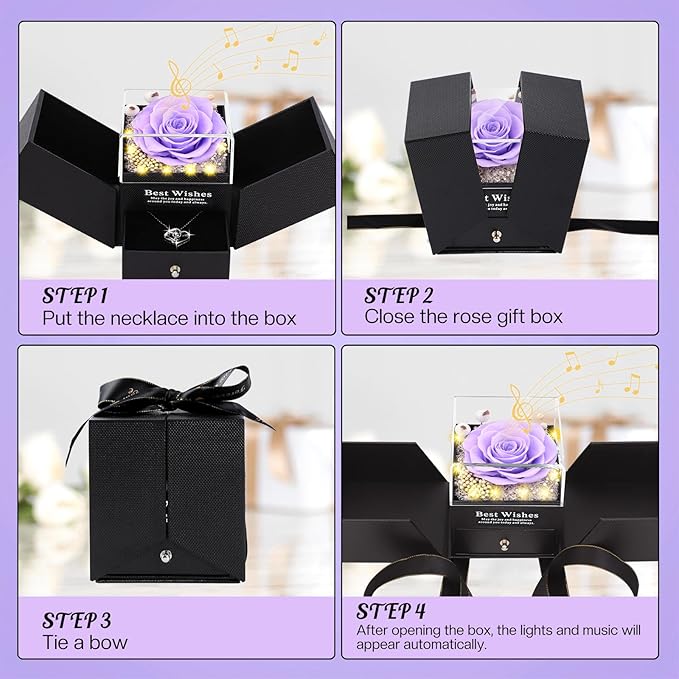 Christmas Birthday Gifts for Women - Preserved Real Rose with I Love You Heart 100-Language Necklace, LED Lights & Music Gift Box, Christmas for Women Girlfriend Mom