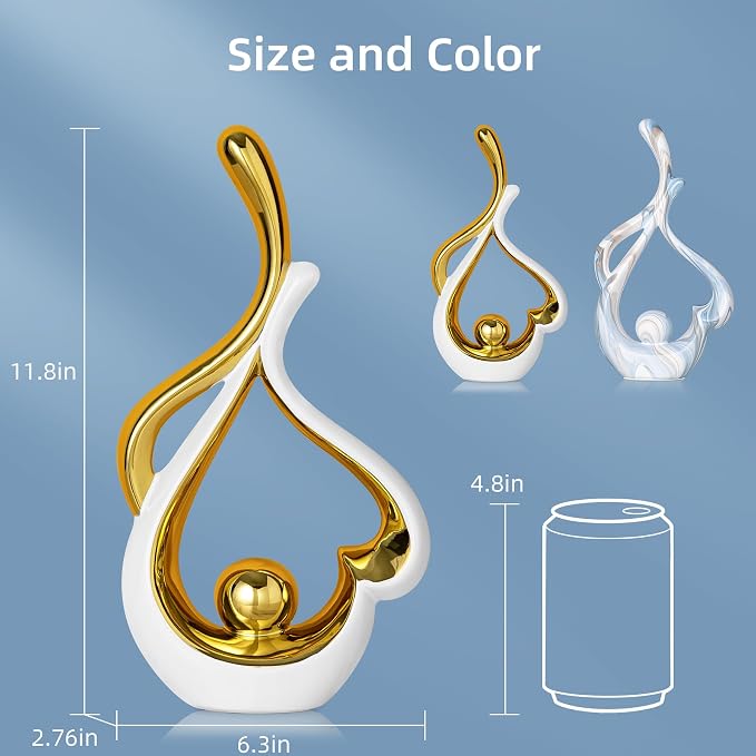 Gold Statue Decor for Living Room, Abstract Sculptures Home Decor, Modern Table Ceramic Decor, Heart Shape Table Centerpieces for Dining Room, White and Gold Decoration for Shelves