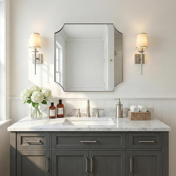 ANDY STAR 30"x30" Brushed Nickel Mirror, Square Bathroom Mirror for Over Sink, Silver Vanity Mirror in Anti-Rust Stainless Steel Frame, Aesthetic Scalloped Corner Design, Ideal for Home Remodel
