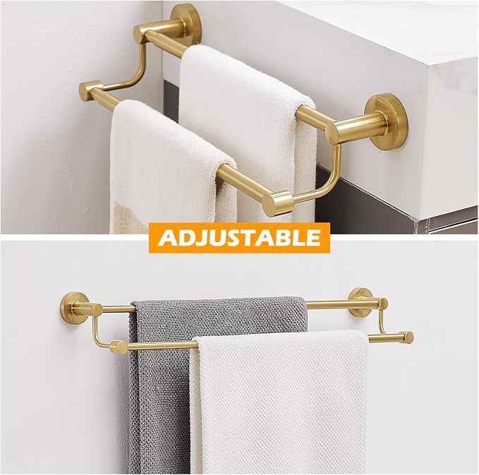 BESy Adjustable 16-26 Inches Double Bath Towel Bar for Bathroom SUS304 Stainless Steel Towel Holder, Hotel Style Wall Mount with Screws Hand Towel Bar，Towel Rack Rod Hanger, Brushed Gold Finish
