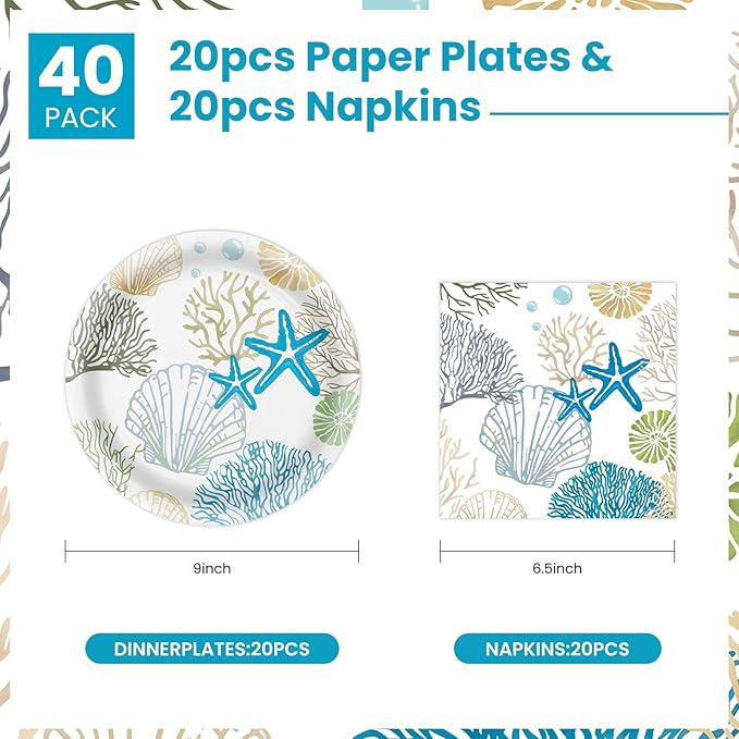 40 Pcs Ocean Seashell Plates and Napkins Party Supplies, Coastal Beach Paper Plates Napkins Starfish Coral Disposable Tableware Set for Summer Birthday Baby Shower Beach Party Decorations (Ocean)