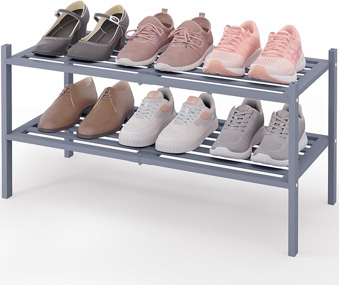 Smiry Bamboo Shoe Rack 2-Tier, Stackable Wooden Shoe Organizer for Entryway & Closet, Free Standing Wood Shoe Storage Shelf for Front Door & Small Spaces, Grey