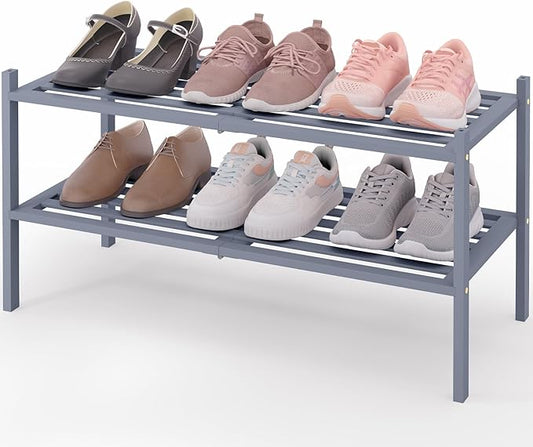 Smiry Bamboo Shoe Rack 2-Tier, Stackable Wooden Shoe Organizer for Entryway & Closet, Free Standing Wood Shoe Storage Shelf for Front Door & Small Spaces, Grey