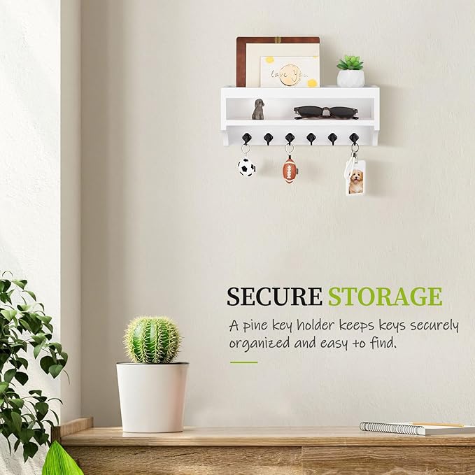 Nekon Key Holder Wall Mount, 12.8" W x 5.6" H x 3.7" D Wall Mounted Key and Mail Organizer with 6 Key Hooks, Key Racks for Home Entryway Decor (White)