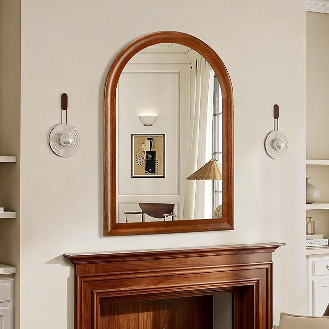 Tanmicoshomy Arched Bathroom Mirrors for Wall 20x30 Inch，Rustic Wood Wall Mirrors with Tempered Glass for Living Room, Bedroom or Entryway(Brown)
