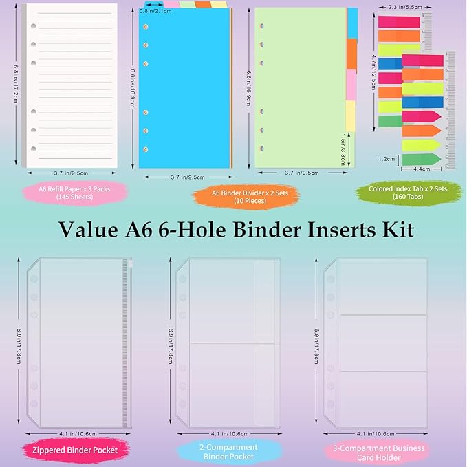 Antner A6 Refill Paper Planner Inserts for A6 6 Ring Notebook Binder, 135 Sheets Lined Filler Paper, 3 Binder Pockets & 10 Dividers & 160PCS Neon Sticky Tabs for Refillable Personal Planners Journals