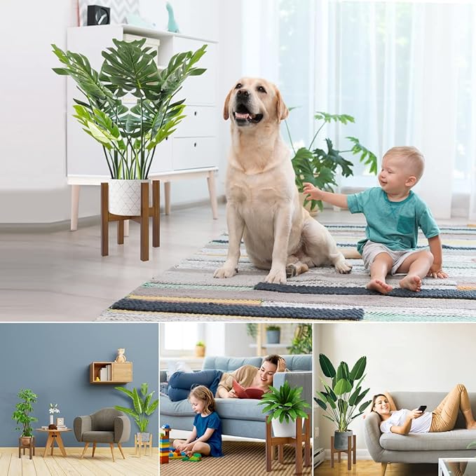 Rnined Adjustable Plant Stand Indoor,Bamboo Mid Century Modern Plants Stands, Stable Plant Holder,Fit 8 9 10 11 12 inch Pots (Pot & Plant Not Included)(Black)