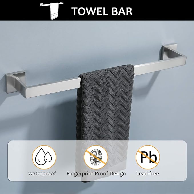 Bathroom Towel Bar Set 5 Pieces Brushed Nickel Square Modern Bathroom Hardware Set,Stainless Steel Wall Mounted 23.6-Inch