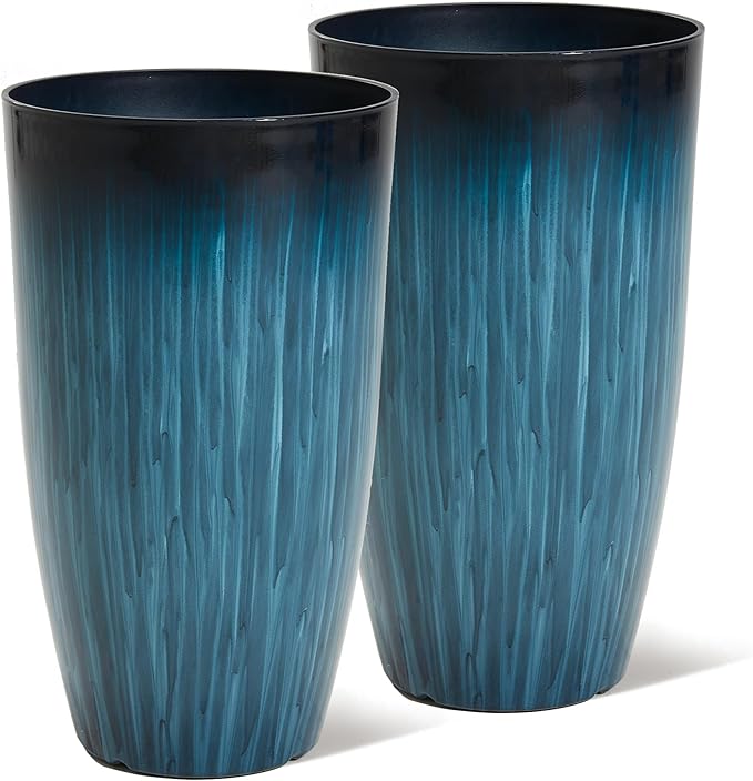 Worth Garden 23.5" Tall Plastic Planters Set of 2 with Drainage Holes, Gradient Blue Glossy Finish, Large Lightweight Round Plant Pots for Indoor Outdoor Use, Decorative Flower Pots for Front Porch