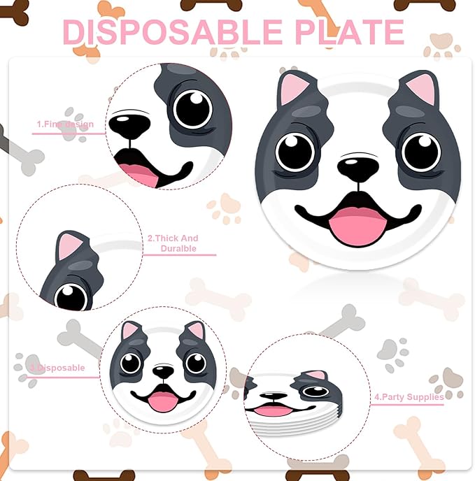 Generic 48Pcs Cute Dog Birthday Party Decorations Plates, Paper and Plastic Construction, Cartoon Style, Dog-Themed Party Supply Pack, Dinner Plates