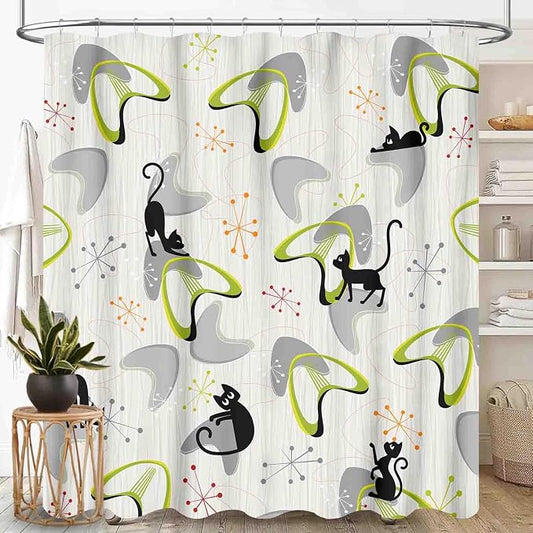 Mid Century Shower Curtain for Bathroom, Retro Geometric Modern Black Cat Abstract Atomic Pattern Lovely Kittey Rustic 1950s 1960s Grey Waterproof Fabric Shower Curtain Set with Hooks,72"x78" Inch
