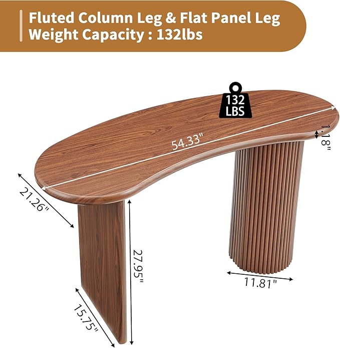 LEVNARY 54.3" Curved Small Computer Desk, Wooden Executive Desk with Sturdy Fluted Legs, Modern Luxury Corner Single Writing Vanity Desk for Bedroom Living Room Home Office (Walnut)