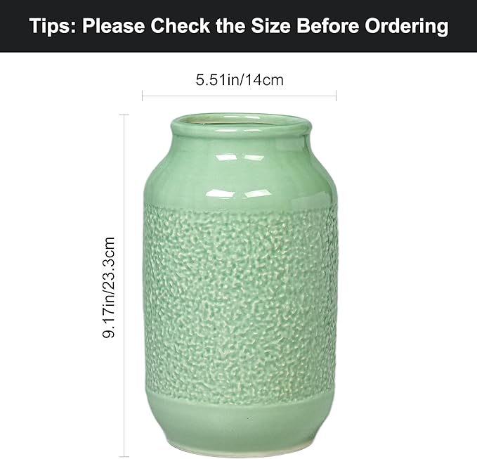 Ceramic Flower Vase, 9 Inch Green Vases for Home Decor, Modern Vase, Centerpieces, Table, Shelf, Console Cabinet, Entryway, Living Room, Bathroom, Office Decor