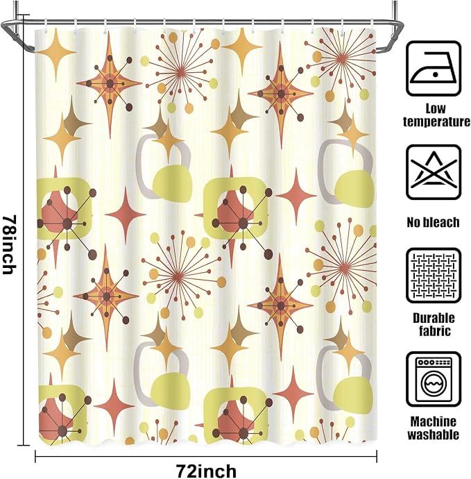 Mid Century Shower Curtain, 72x78inch, Modern Abstract Retro Yellow Striped Geometric Shower Curtain Sets 1950s Boho Bathroom Shower Curtain with 12 Hooks