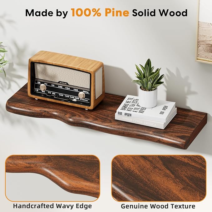 Solid Wood Live Edge Floating Shelves Set of 2 – 24" Rustic Wall Shelf with Hidden Bracket System, Wall Mounted Shelves for Bathroom, Kitchen, Living Room, Bedroom (Glazed Walnut)