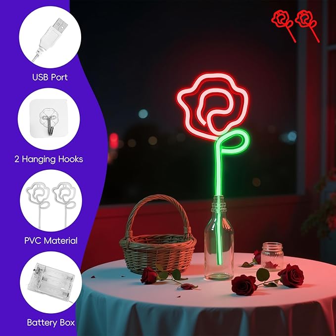 Rose Neon Sign - Red rose Flower with Green Stem Neon Art Wall Decor USB or 3-AA Battery Powered Operated for Girls Bedroom Birthday Gift Party Wedding Rose Lights for Bedroom (Red*2)