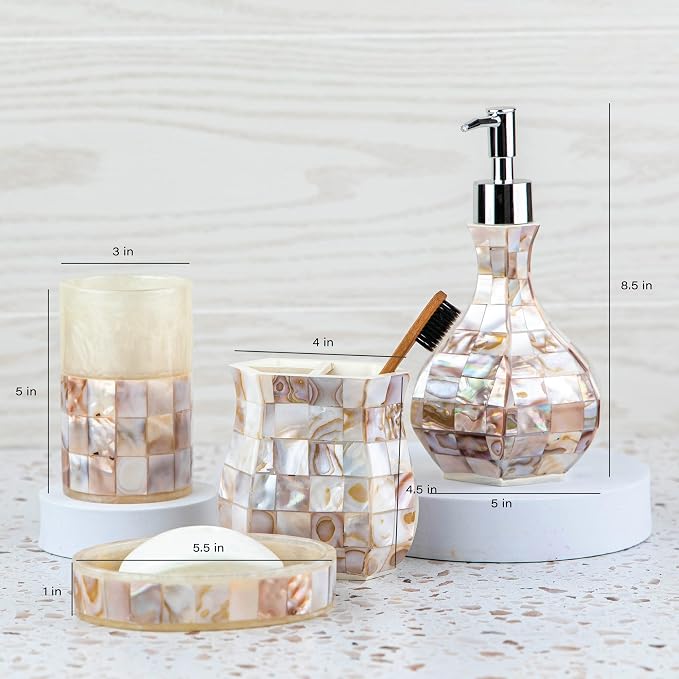 Milano Bathroom Accessories Set - 4 Piece Bathroom Accessory Set with Natural Mother of Pearl Shells - Decorative Bathroom Set Includes: Soap Dispenser, Toothbrush Holder, Tumbler and Soap Dish